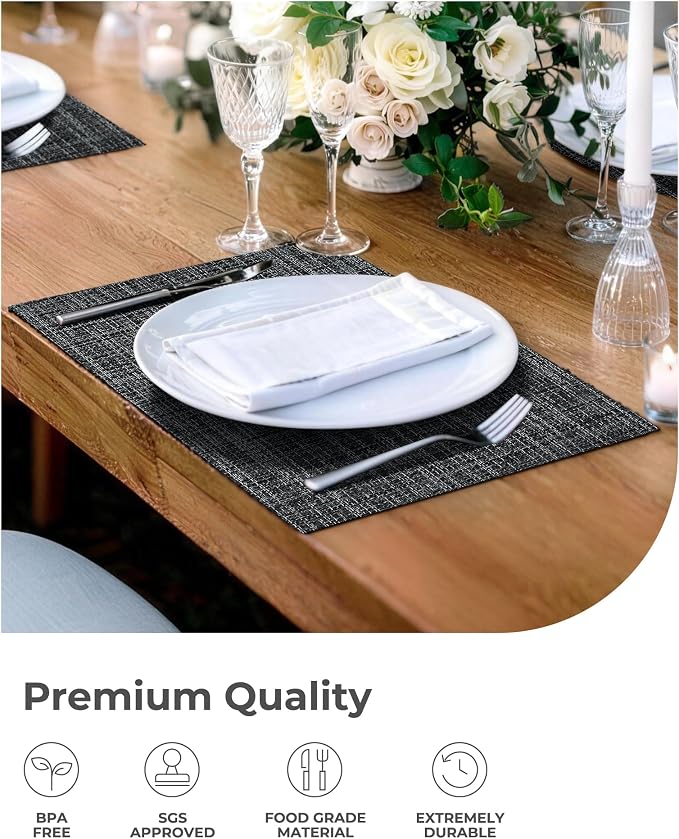 Leetaltree Black and Grey Woven Placemats Set of 8 - Heat Resistant Non-Slip Place mats for Dining Table, Washable Durable PVC Vinyl Woven Table Mats(Black & Grey, 8)