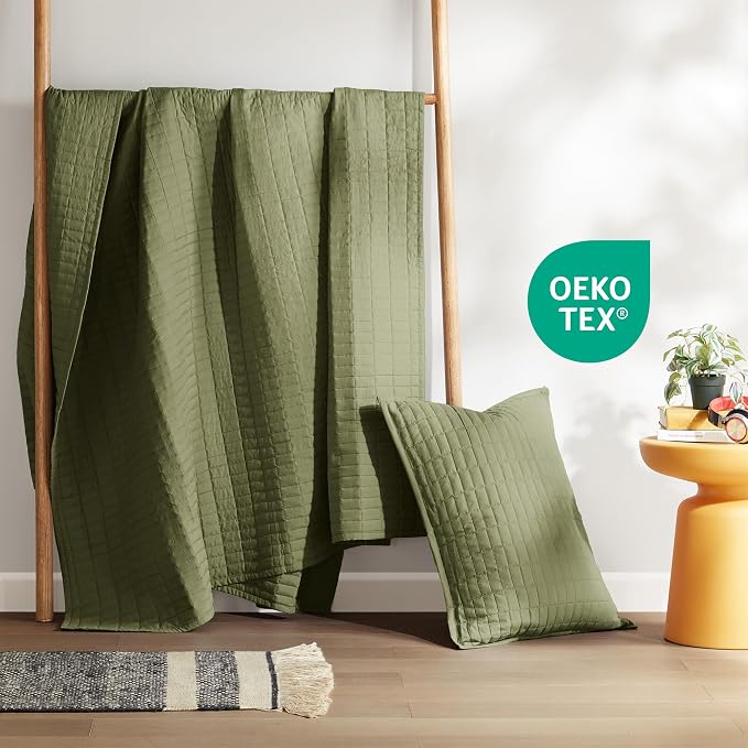 Comfort Spaces Kienna Twin Quilt Bedding Set 2 Piece, 66"x 90" Olive Green | Soft Cozy Lightweight Summer Twin XL Coverlet for College Dorm, Quilted Extra Layer, Modern Casual Bedroom Decor, OEKO-TEX