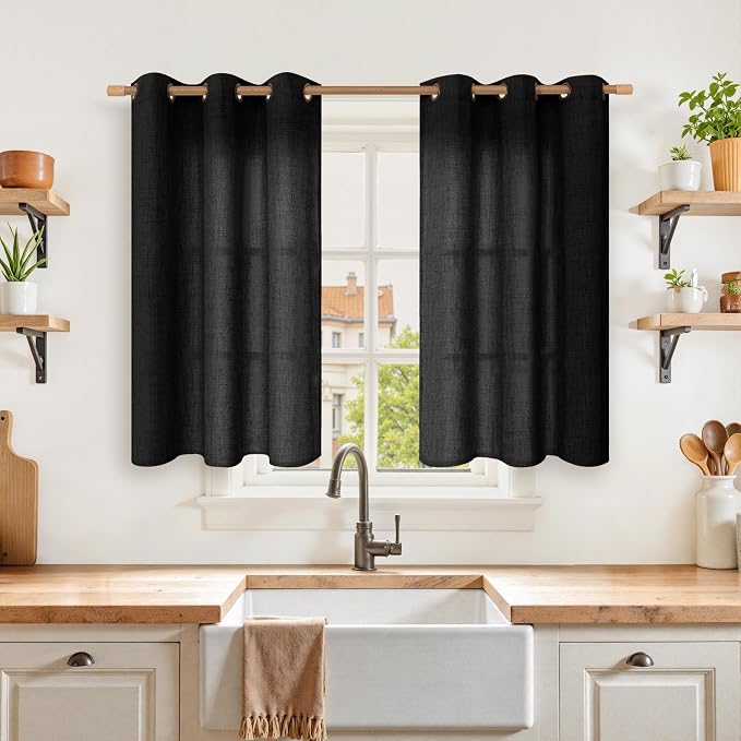 YoungsTex Black Linen Curtains 40 Inch Length for Kitchen Window 2 Panels | Short Semi Sheer Drapes with Bronze Grommet Textured Privacy for Bedroom Bathroom, 42 x 40 Inch
