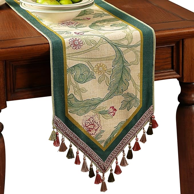 Patdrea Designer Vintage French Linen Table Runner,12"X118"-Cecilia A | Tablerunner 118 Inches Long,Green Floral Print,Decorative Runner for Dining Room Living Room Banquet,Tassel Edge