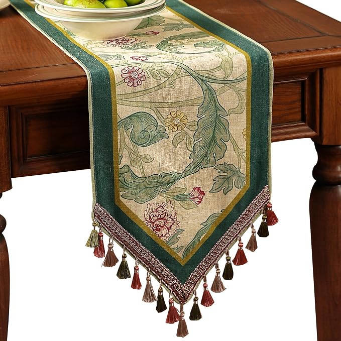 Patdrea Designer Vintage French Linen Table Runner,12"X102"-Cecilia A | Tablerunner 102 Inches Long,Green Floral Print,Decorative Runner for Dining Room Living Room Banquet,Tassel Edge
