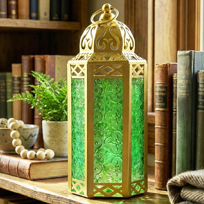 Vela Lanterns Decorative Indoor Moroccan Candle Holder, Gold Green, M | Ramadan Decorations for Home, Green Candle Lantern, Diwali Eid Table Centerpiece, Hanging Tealight Votive Pillar, 10.5in