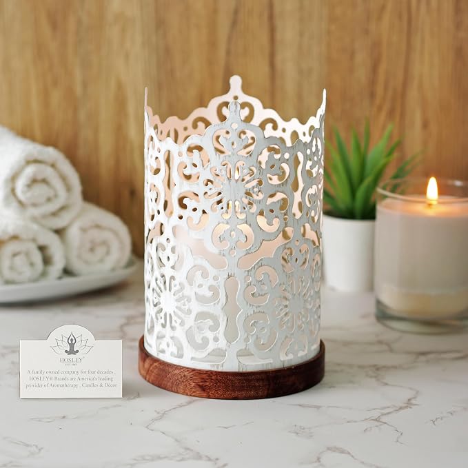 Hosley 7.5" White Metal Candle Holder – Diamond Cut Design Lantern for Home Decor, Weddings, Parties, Events, Gifts & Indoor Outdoor Lighting