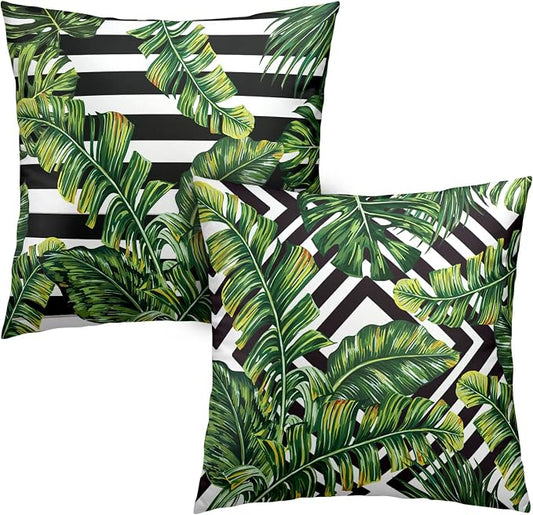 Tropical Green Leaves Throw Pillow Covers 18x18 Set of 2 Summer Palm Tree Pillow Cases Geometric Black and White Square Decorative Pillow Covers Modern Home Decor for Sofa Bed