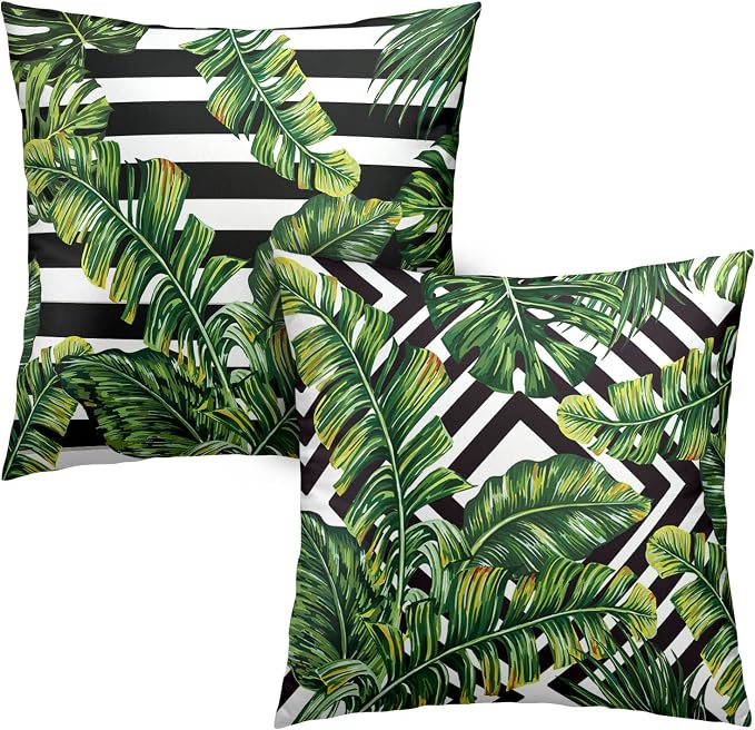 Set of 2 Tropical Green Leaves Pillow Covers Palm Tree Pillowcases Black and White with Geometric Decorative Throw Pillow Cover Kitchen Decor 22x22 Inch for Outdoors Car Couch