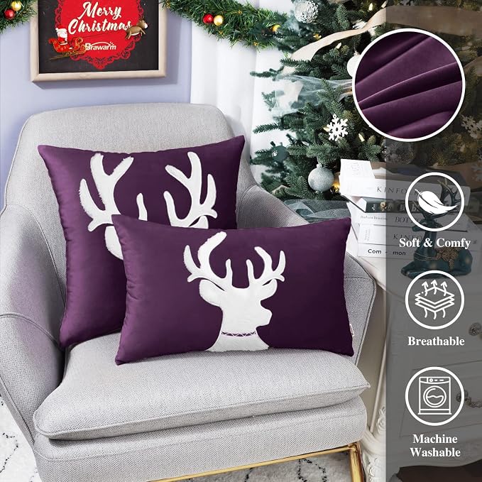 BRAWARM Christmas Pillow Cover 12 X 20 Inches, Purple Reindeer Embroidered Lumbar Pillow Cover, Soft Velvet Decorative Throw Pillow for Couch Bed Sofa Living Room Home