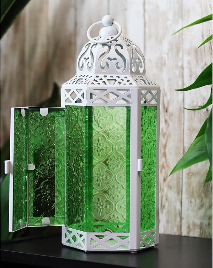 VELA LANTERNS 10.5" White Moroccan Lamp Lantern Decorative Candle Holder for Ramadan Decorations, Indoor Home Decor, Outdoor Patio or Porch, Weddings, Green Glass, Medium