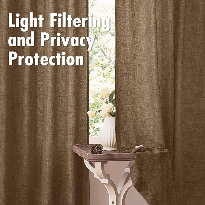 MIULEE Faux Linen Curtains 63 Inch Length 2 Panels Natural Semi Sheer Curtain with Back Tab Rod Pocket, Light Filtering Window Privacy Burlap Drapes for Living Room Bedroom 42W x 63L Brown