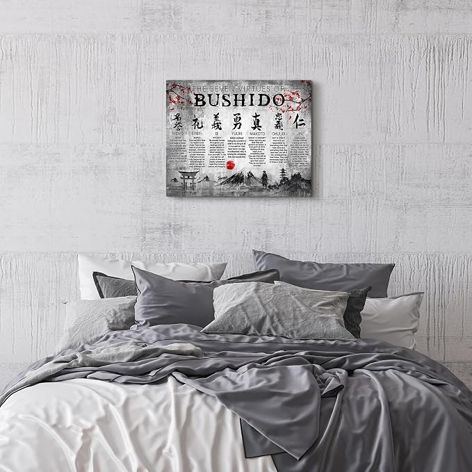 Japanese Samurai Wall Art 7 Virtues Bushido Inspirational Pictures Wall Decor Japanese Warrior Canvas Prints Framed Modern Painting Artwork For Bedroom Office Living Room Bathroom Dining Room 20x24 Inch