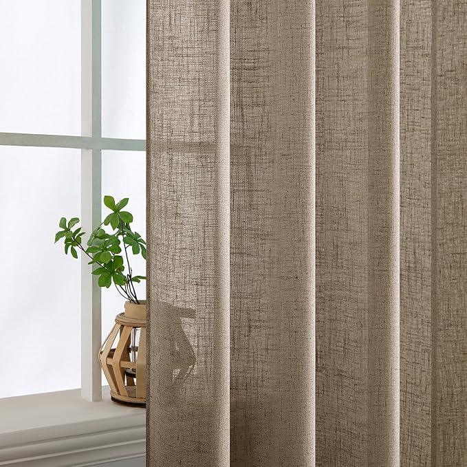 MIULEE Taupe Grey Linen Curtains 52x96 Inches Long 2 Panels for Bedroom | Living Room,Linen Textured Window Drapes,Semi Sheer Light Filtering,Back Tab Rod Pocket,Farmhouse Modern Burlap Look Decor