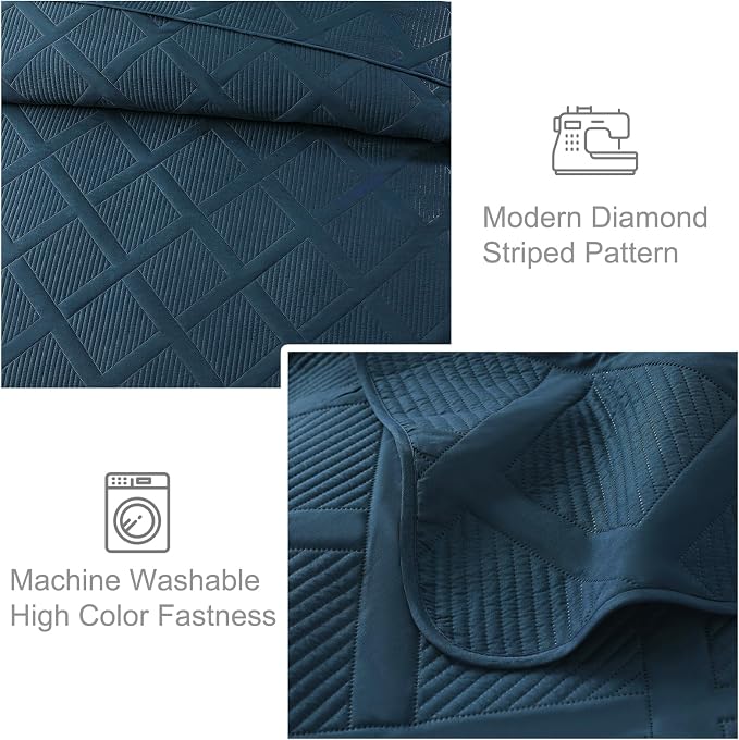 Exclusivo Mezcla California King Size Quilt, Navy Blue | Soft Bedspreads with 2 Pillow Shams, Modern Striped Pattern, Lightweight Bedding Set Coverlets for All Seasons, 112x104 Inch