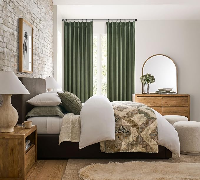 Olive Green Linen Curtains 96 Inches Long 2 Panels Set, Modern Aesthetic Pinch Pleated Dark Academia Living Room Light Filtering Sheer Ceiling Track Curtains with Hooks Decor Drapes for Bedroom Window