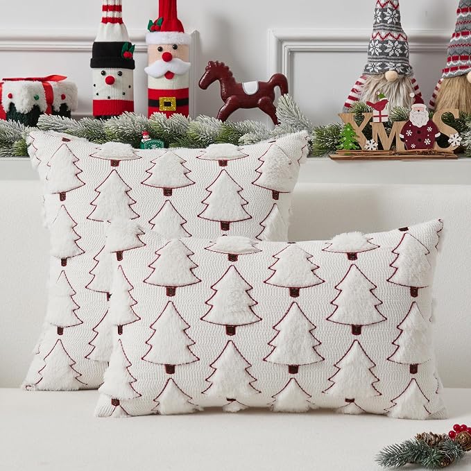 UGASA Christmas Tree Pillow Covers 18x18 Inch Set of 2 Soft Plush Faux Fur Luxury Embroidery Decoration Pillowcases for Couch Sofa Holiday Festivals Winter Xmas Gift, Cream White & Red