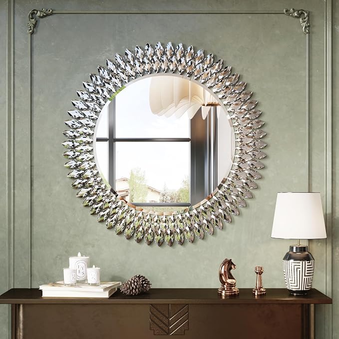 Kelly Miller 28" Jeweled Luxury Round Decorative Wall Mirror | Elegant diamond beveled vanity mirror. Perfect wall mirror for living room, bedroom, entryway.