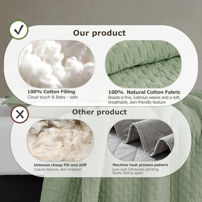 palassio Sage Green 100% Cotton Quilt King Size Bedding Sets with 2 Pillow Shams, Textured Lightweight Soft Bedspread Shabby Chic Coverlet, Quilted Comforter Bed Cover for All Season, 3 Pieces