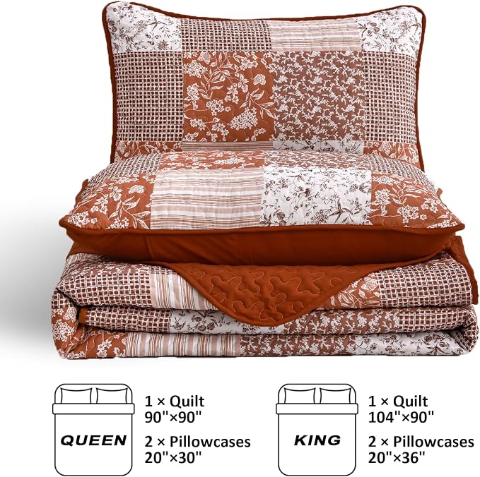 Mybedsoul Burnt Orange Boho Quilt King Size, Patchwork Floral Bedding Set | Soft Lightweight Microfiber Coverlet Set, 3 Pieces Plaid Reversible Bedspread, Bed Sets for All Seasons 90"x110"