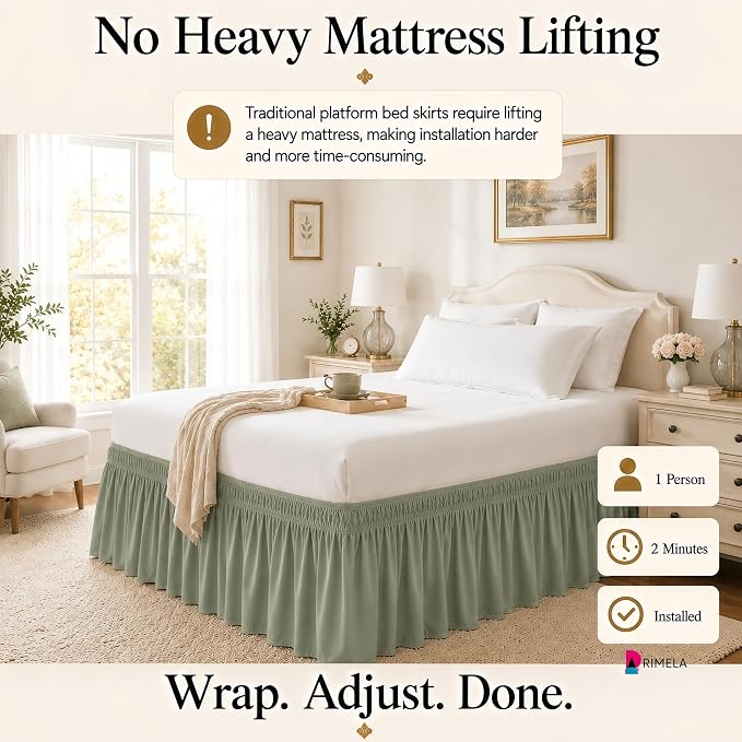 Sage Green Bed Skirt King Size 15" Drop, Elastic Wrap Around Bedskirt | Solid Ruffled, Easy to Use, No Mattress Lifting, Wrinkle & Fade Resistant, with Adhesive Strips, Machine Wash/Dry/Iron