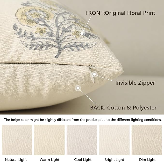 Summer Vintage Floral Print Pillow Covers 22x22 Set of 2 Patterned Accent Decorative Cushion Covers Modern Farmhouse Throw Pillow Covers for Sofa Couch Chair Bed Living Room Home Decor, Mellow Yellow