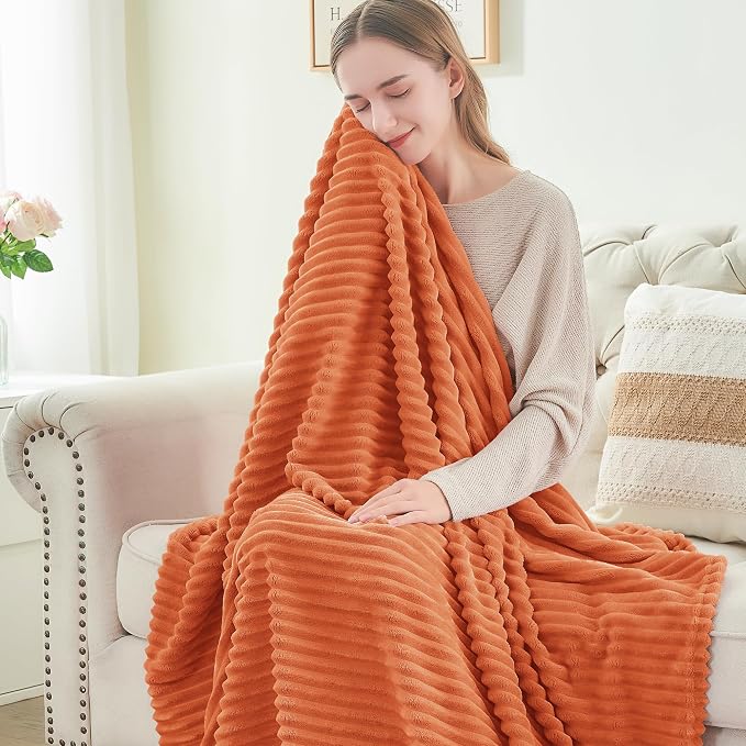 BEDELITE 3D Ribbed Burt Orange Fall Blankets Queen Size for Bed, 90x90 Inch | Soft Warm Decorative Fluffy Blanket, Cozy Fuzzy Lightweight Plush Fleece Throw Blankets for Bed, Room Decor, Gift for Women