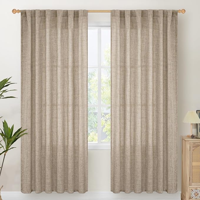 Dark Oatmeal Linen Semi Sheer Curtains 78 Inch Length for Living Room | Tan Light Filtering Drapes with Rod Pocket Back Tab Curtain for Dining Office Bedroom Window, 2 Panels, 52 X 78 Inch
