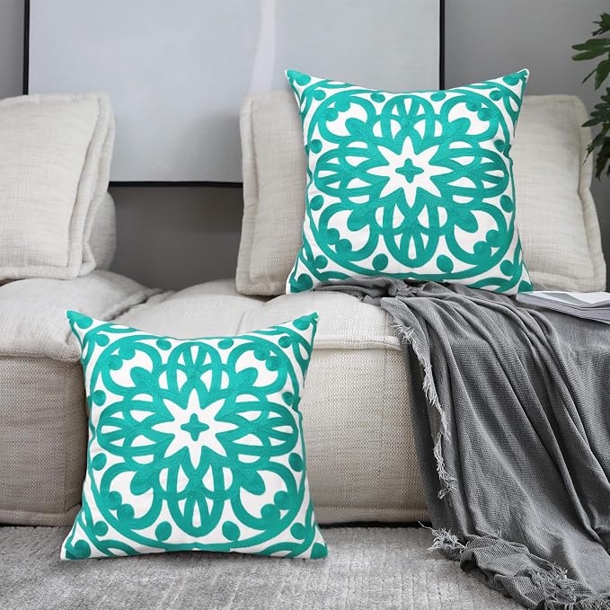 Alysheer Embroidered Spring Decorative Throw Pillow Cover 18"x 18" Set of 2, Boho Mandala Embroidery Turquoise Green Patterned Cushion Case for Sofa Couch Living Room Bedroom Outdoor