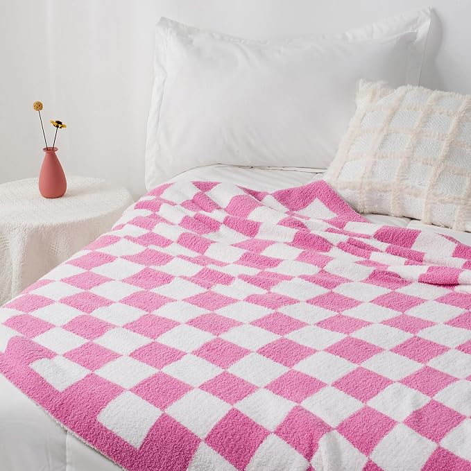 Carriediosa Checkered Throw Blanket 50x60, 400GSM Ultra Soft Microfiber | Hot Pink, Fuzzy Fluffy Cozy Plush Knit Knitted Plaid Checker, Lightweight Cute Preppy Fall Blankets & Throws for Couch, Bed