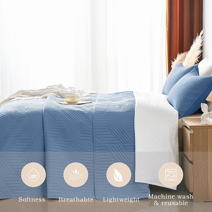 Davulos Queen Quilt Bedding Set,Bluish Grey Ultrasonic Full/Queen Quilt Set Reversible Microfiber Bedspread,Lightweight Soft Modern Geometric Coverlet Set for All Seasons(1 Quilt,2 Pillow Shams)