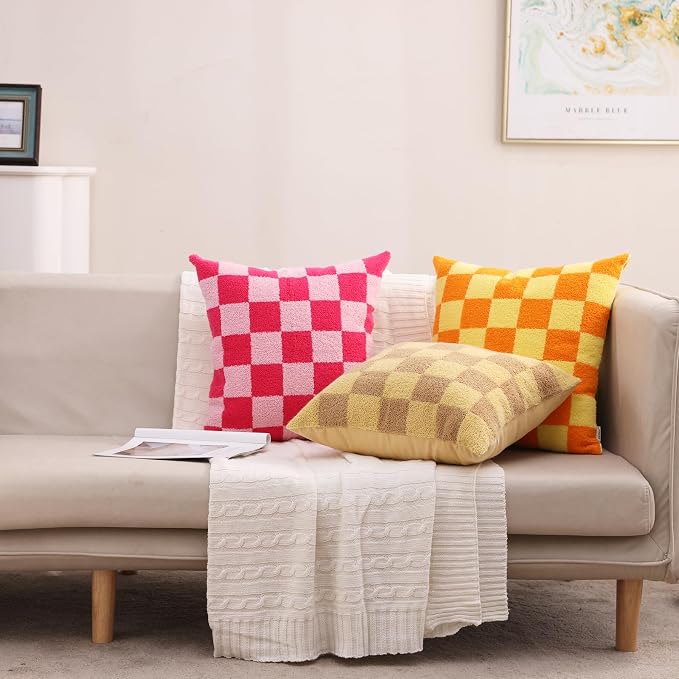 Alysheer Checkered Embroidered Throw Pillow Covers 18"x 18" 2pc Hot Pink