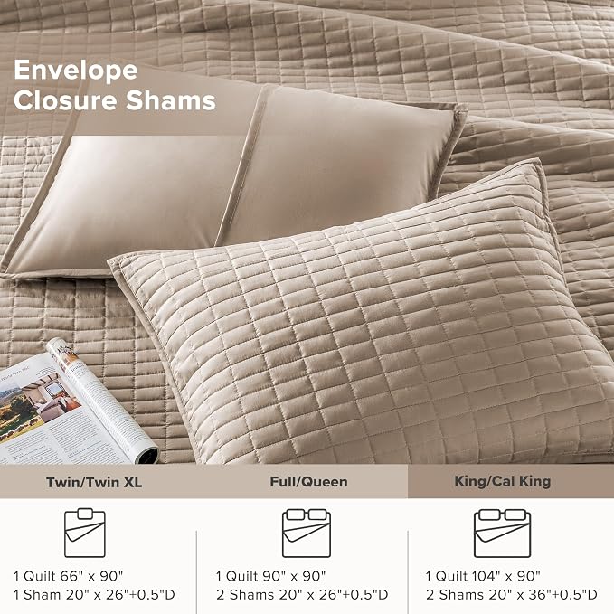 Comfort Spaces Kienna King Quilt Bedding Set 3 Piece, 104"x90" Taupe | Soft Cozy Lightweight Summer Coverlet Cal King, Quilted Bedspreads Extra Layer, Modern Casual Bedroom Decor, OEKO-TEX