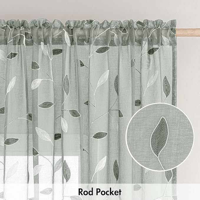 MIULEE Sage Sheer Curtains 2 Panels Embroidered Leaf Patterned, W52 x L96 | Embroidered Floral Semi Sheer,Rod Pocket,Faux Linen,Short Window Curtains Drapes Set for Kitchen/Bathroom/Cafe