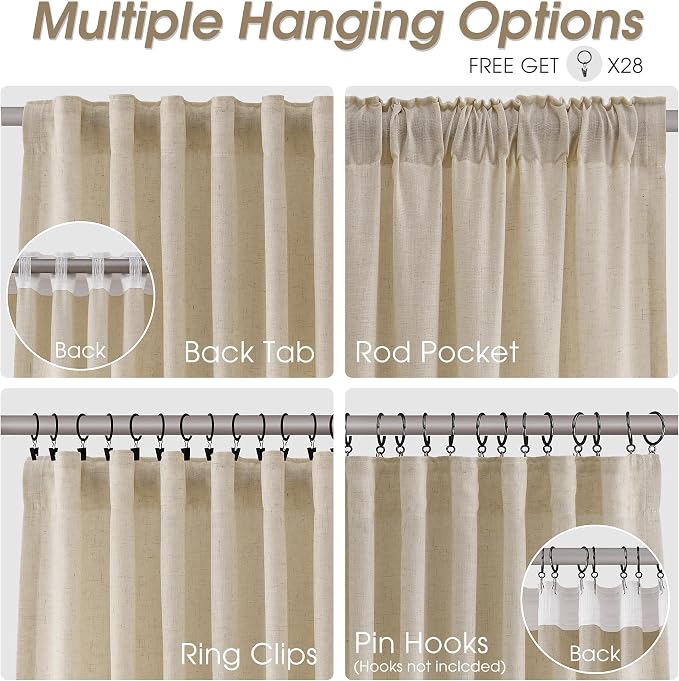 Linen Curtains 96 Inches Long for Living Room Back Tab Semi Sheer Floor to Ceiling 8ft Light Filtering Curtain Boho Farmhouse Decor Window Drapes for Bedroom 52x96 2 Panels Eggshell Beige