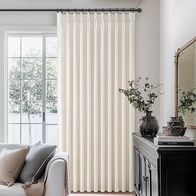 Extra Wide Pinch Pleat Thick Linen Sheer Curtains 96 Inches Long for Living Room, Cream Beige Viral Bedroom Curtain 2 Panels Set Light Filtering Farmhouse Window Drape Privacy Ceiling Track 70"W x96"L