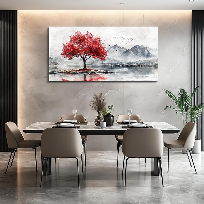 QIYILEXWART Large Wall Decor For Living Room Canvas Wall Art For Office Modern Wall Decorations For Bedroom Red Tree Landscape Painting Farmhouse Pictures Artwork Room Home Decor 24x48 In