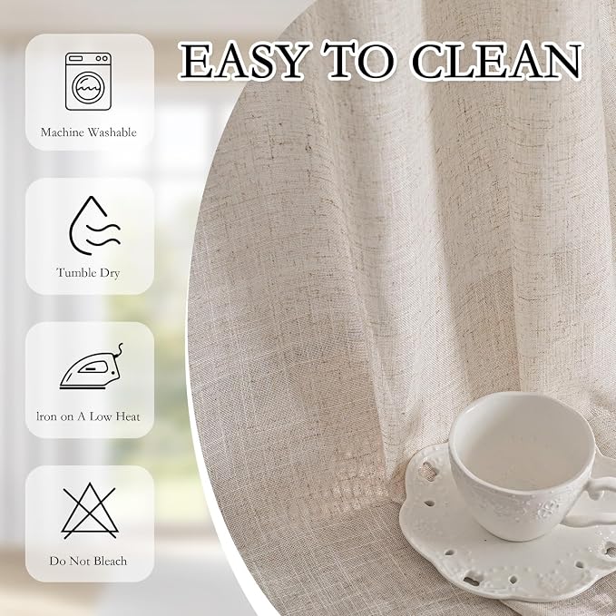MYSKY HOME Natural Linen Curtains for Living Room, Semi Sheer Curtains & Drapes 80 inches Length 2 Panels Set Farmhouse Country Style Back Tab Draperies for Sliding Glass Door, 50" Wide, Linen