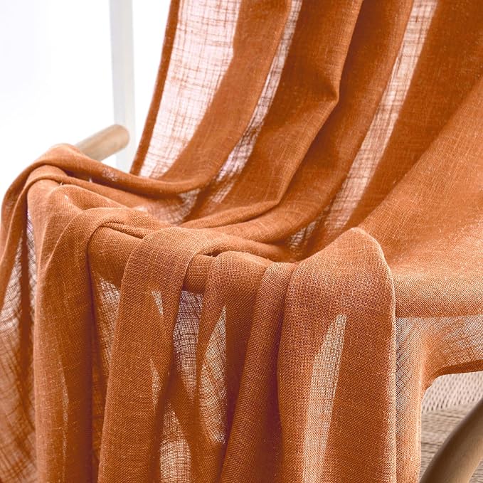 MIULEE Orange Fall Curtains 52x84 Inch 2 Panels for Bedroom Living Room | Soft Thick Linen Textured Window Drapes, Semi Sheer Light Filtering, Back Tab Rod Pocket, Burlap Look Fall Boho Decor