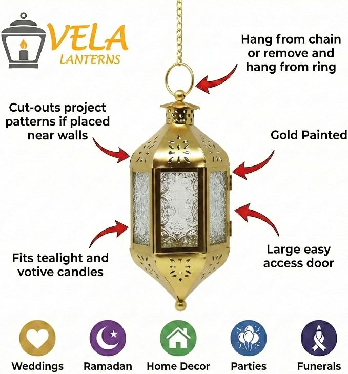 Vela Lanterns Hanging Moroccan Lamp - Exotic Decorative Patio & Porch Decor, Indoor Outdoor Tea Light Candle Lantern Holder with Chain (11" Medium, Gold)