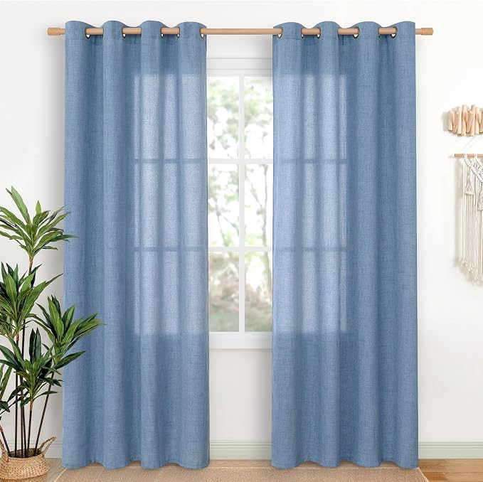 YoungsTex Denim Blue Linen Semi Sheer Curtains 80 Inch Length for Living Room, Light Filtering Window Drapes with Bronze Grommet Privacy for Dining Bedroom, 52 x 80 Inch, 2 Panels