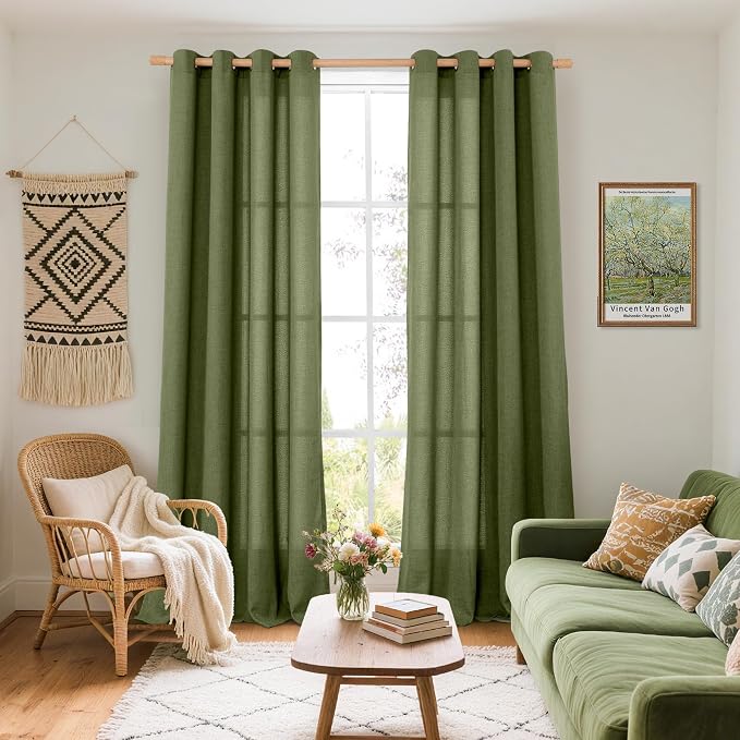 YoungsTex Olive Linen Curtains 90 Inch Length 2 Panels for Living Room | Dark Green Semi Sheer Drapes with Bronze Grommet Extre Long Window Treatments for Bedroom Dining, 52 X 90 Inch