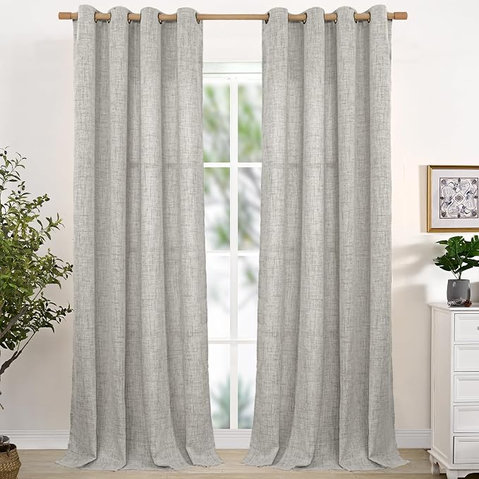 YoungsTex Extra Long Linen Curtains 95 Inch 2 Panels for Living Room | Dark Grey Semi Sheer Drapes Privacy Light Filtering with Bronze Grommet for Bedroom Dining, 52 X 95 Inch