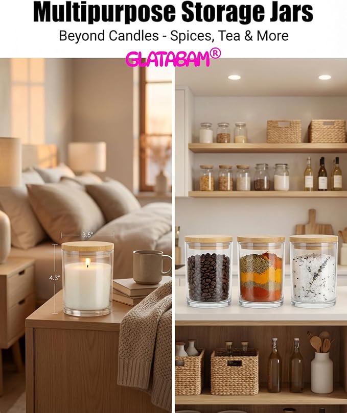 GLATABAM 10 OZ Candle Jars 12 Pack - Bulk Glass Candle Making Jars with Bamboo Lids & Labels, Heat Resistant Empty Reusable Candle Vessel for Containers(Clear)