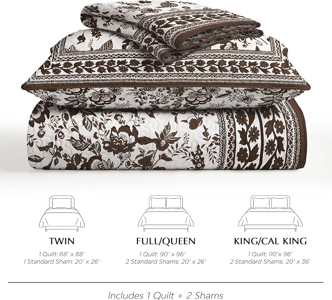 FLYMME Brown and White Vintage Floral Quilt Set Full/Queen Size, 3-Piece Classic Reversible Bedspread Coverlet with 2 Pillow Shams, Lightweight Botanical Bedding Set for All Season