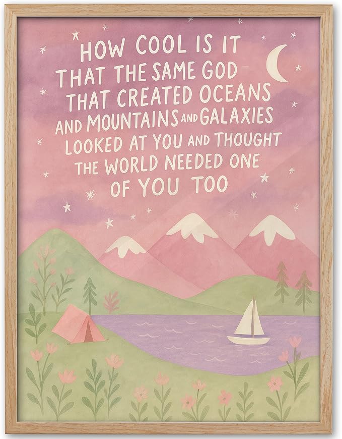 KensTro 12x16in Same God Creation Inspirational Christian Kids Wall Art,Natural OAK Wood Frame with Mountain Canvas Print,Girl First Communion and Baptism Gift for Girls,Nursery Toddler Girly Bedroom,Apartment Dorm Decoration Adoption Gifts,1Pack Pink