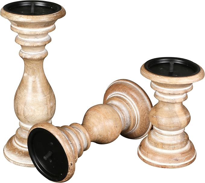 Pillar Candle Holders Set of 3 (10",8" & 6" Height)_White Wash,Candle Holder in Mango Real Wood,Decorative Candle Holders for Table Centerpiece, Wedding, Party, Home Décor, spa, Farmhouse, Gifting