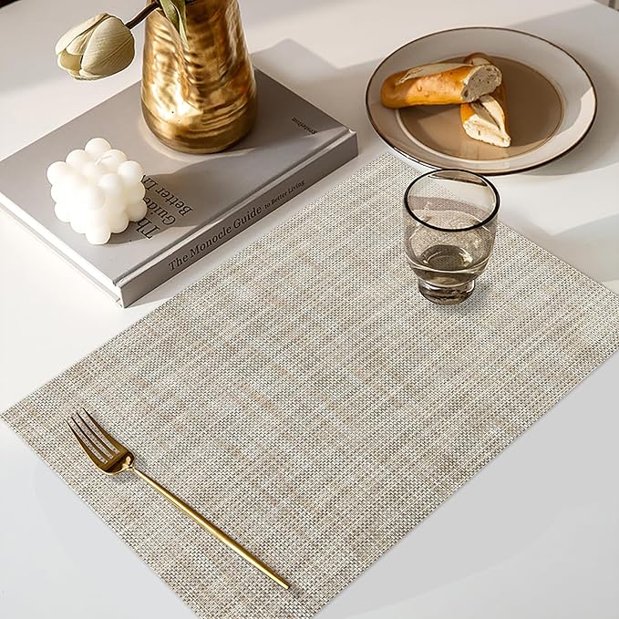 Vinyl Placemats Set of 8, PVC Woven Washable Non-Slip Table Mats, Heat Resistant Wrinkle Free Place Mats for Dining Table, Easy to Clean (8, Caramel)