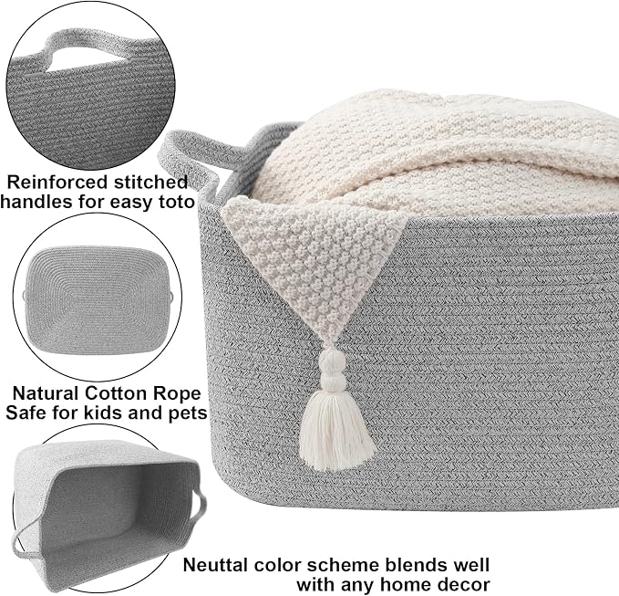 96L Woven Laundry Basket with Handles, Extra Blanket Basket, Grey | 24"×16"×15" Collapsible Cotton Rope Storage Basket for Toys Clothes & Pillows, Nursery, Bathroom, Bedroom, Living Room