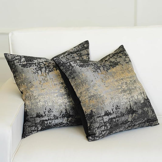 THE-TINOART Charcoal Champagne Metallic Jacquard Pillow Covers 18x18 Pack of 2 Velvet Back Modern Glam Sofa Decor