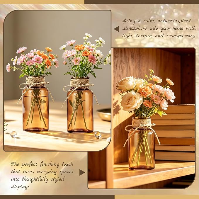 Mason Jar Glass Vases 6 Pack, Amber Flower Vase for Centerpieces | Rustic Farmhouse Home Decor, Bud Vase with Twine, Wedding Table Decoration, Boho Floral Arrangement, Vintage Jars Bulk