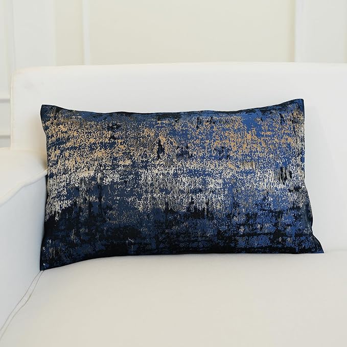 THE-TINOART Navy Champagne Metallic Jacquard Lumbar Pillow Cover 12x20 Velvet Back Modern Glam Sofa Decor