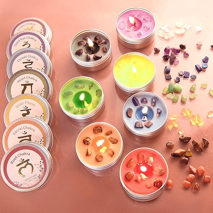 Inspireyes Chakra Candles Set of 7, Meditation Crystal Scented Candles Gift