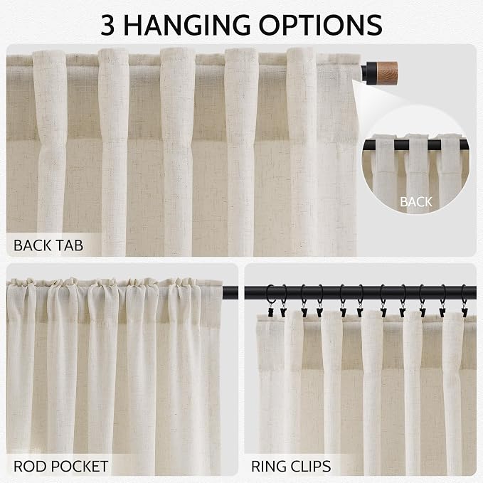 Warm Beige Linen Curtains 72 Inch Length for Living Room Semi Sheer Light Filtering Door Drapes 2 Panels Set for Kids Bedroom Light Filtering Back Tab Rod Pocket Modern Farmhouse Decor 52x72